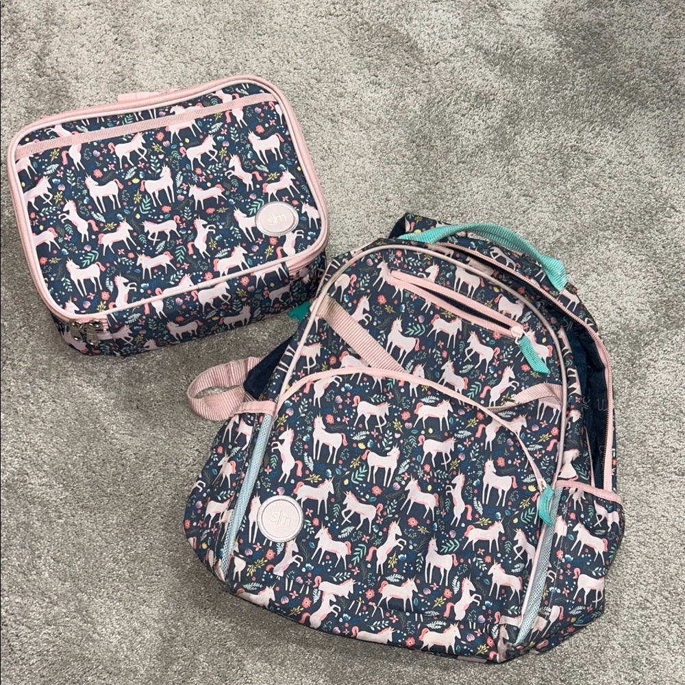 Unicorn Pattern Kids Backpack and Lunchbox Set - Pink and Blue
